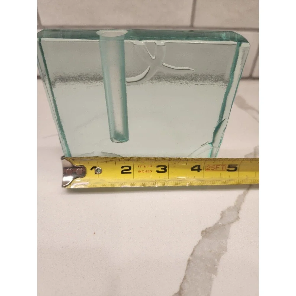 Vtg. Stephen Schlanser Art Glass Etched Square‎ Bud Vase Pen Holder Signed Dated